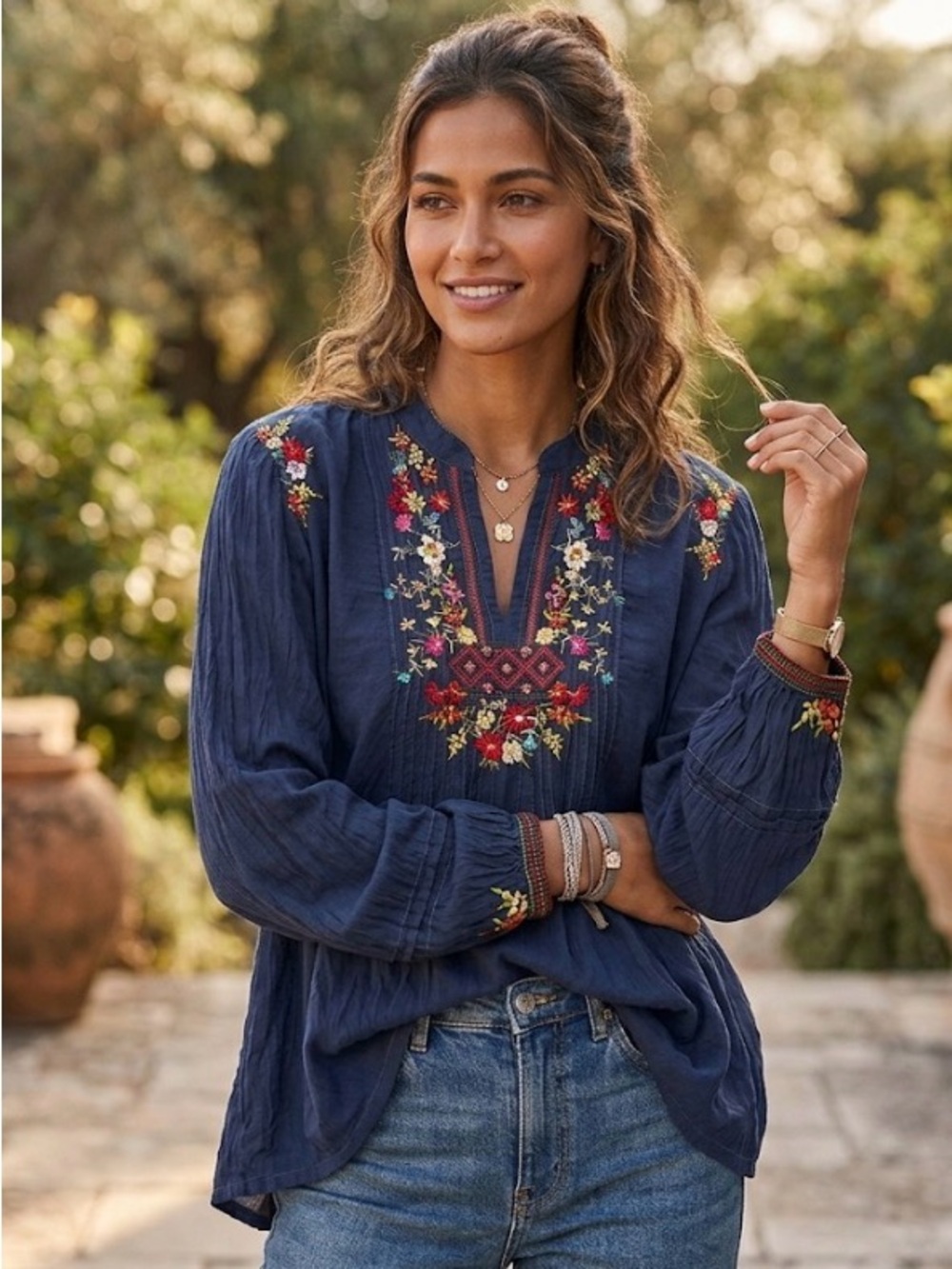 Johnny Was Embroidered Peasant Blouse Dark Blue with Colorful Floral Accents Xl